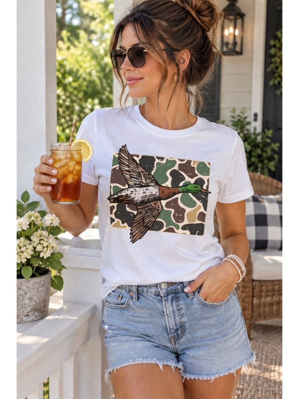 Southern Camo Mallard Duck Casual Short Sleeve Top Country Western Tee Shirt